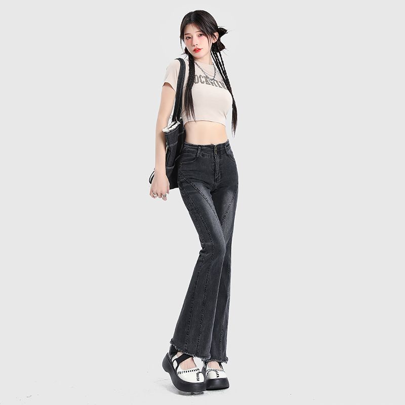

American Retro High Waist Sexy Denim Women s Straight-leg Design Bell-Bottom Pants Slim Looking Hip Raise Slim Fit Wide Leg Horseshoe Pants Dark gray pants recommend height 155-165cm XL