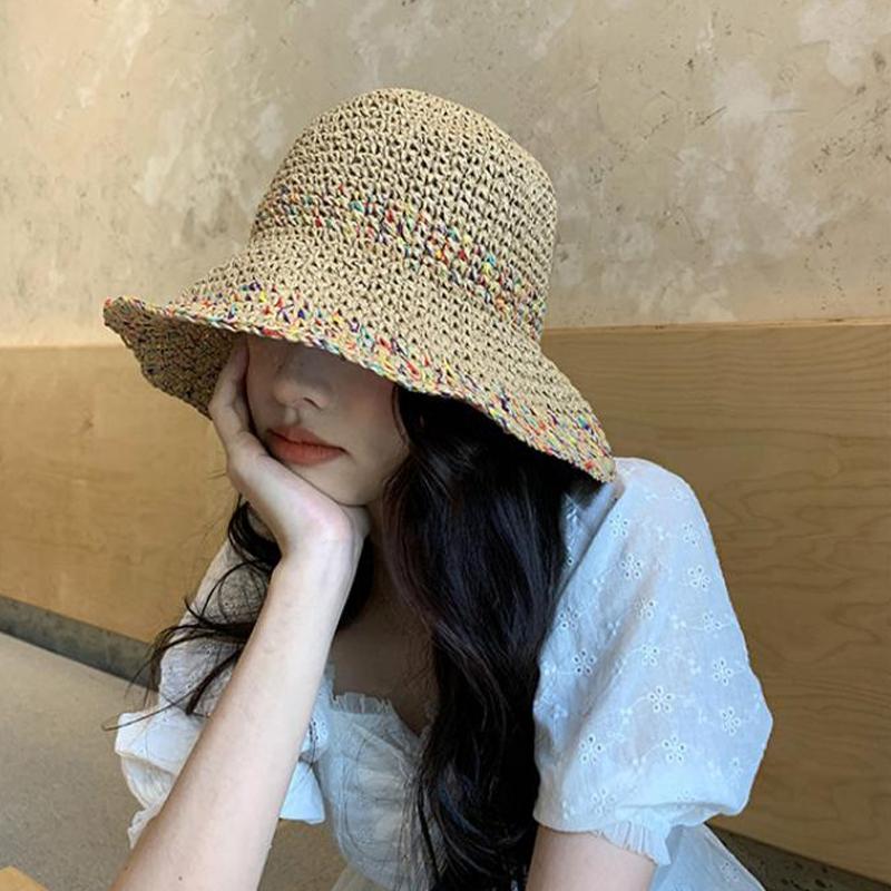 Women Summer Handwoven Rainbow Straw Hat Korean Fashion Wide Brim Breathable Cap for Beach Travel Sun Coverage