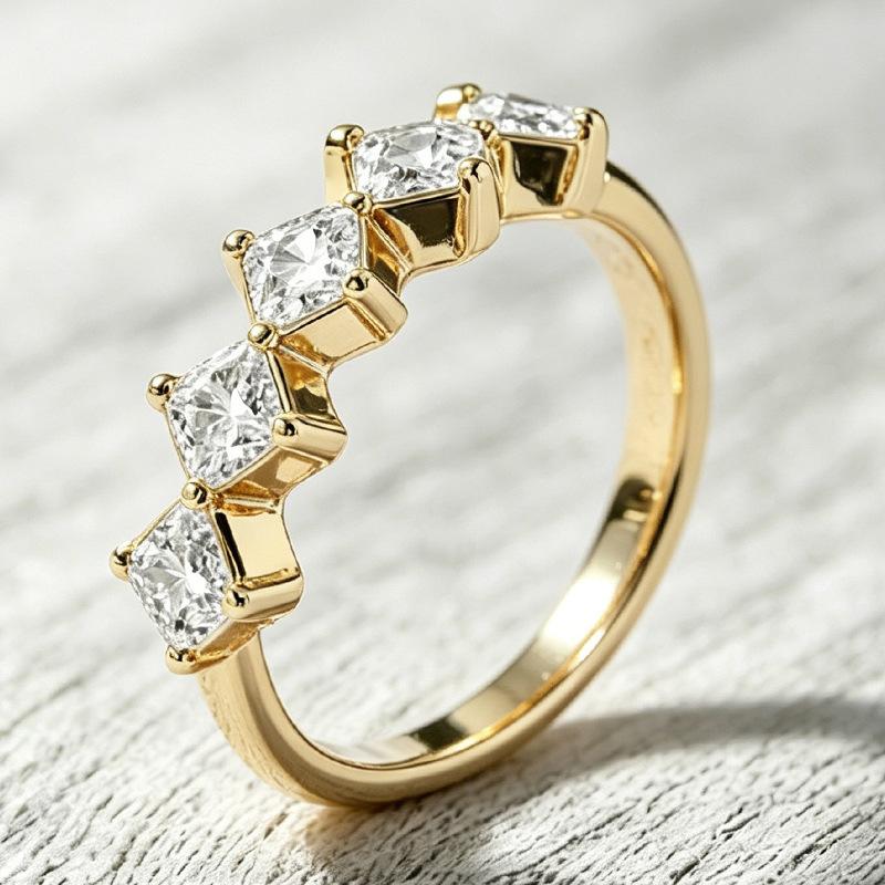 Simple wind princess square diamond thin ring, five square main stones continuous design, daily stacking of tail rings