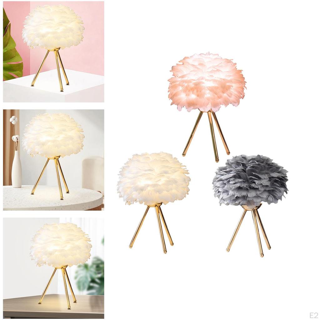 Feather Shade Table Lamp Modern Bedroom Bedside Desk Night Light Decor White