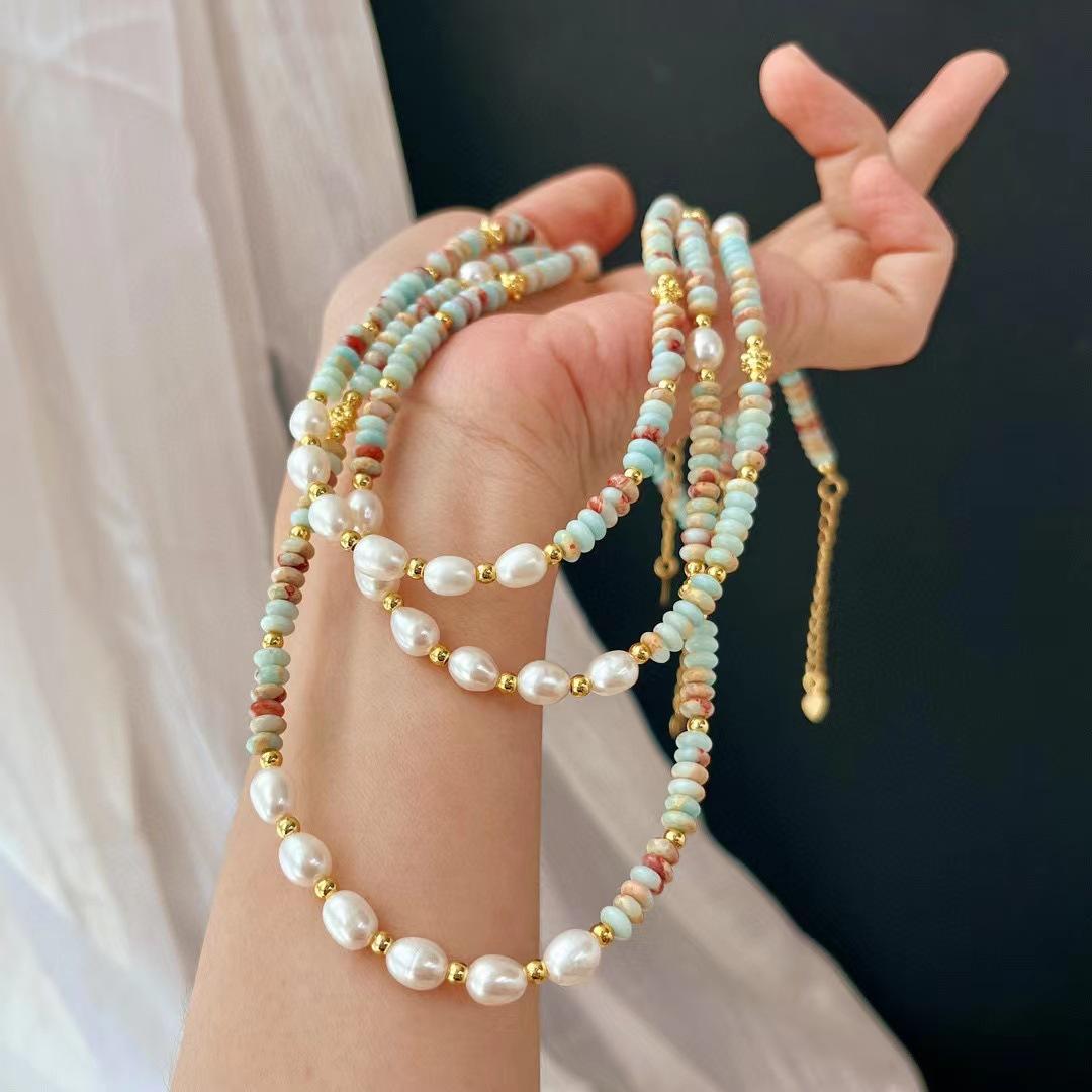 Vintage Natural Freshwater Baroque Pearl Shoushan Stone Color Quartzite Stone Necklace Atmosphere Clavicle Chain