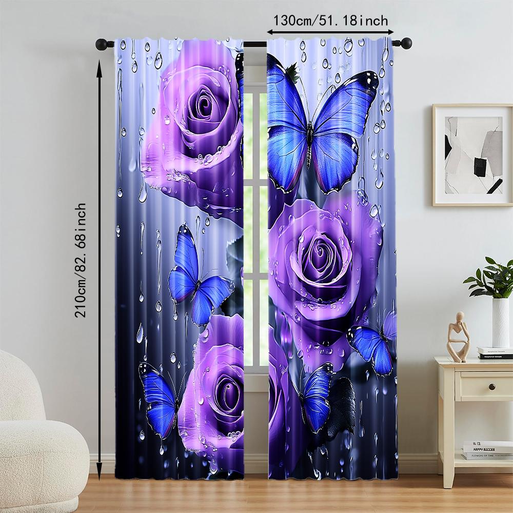 2Pcs Purple Rose Floral Print Curtains Artistic Decor For Bedroom And Living Room Polyester Rod Hole Machine Washable