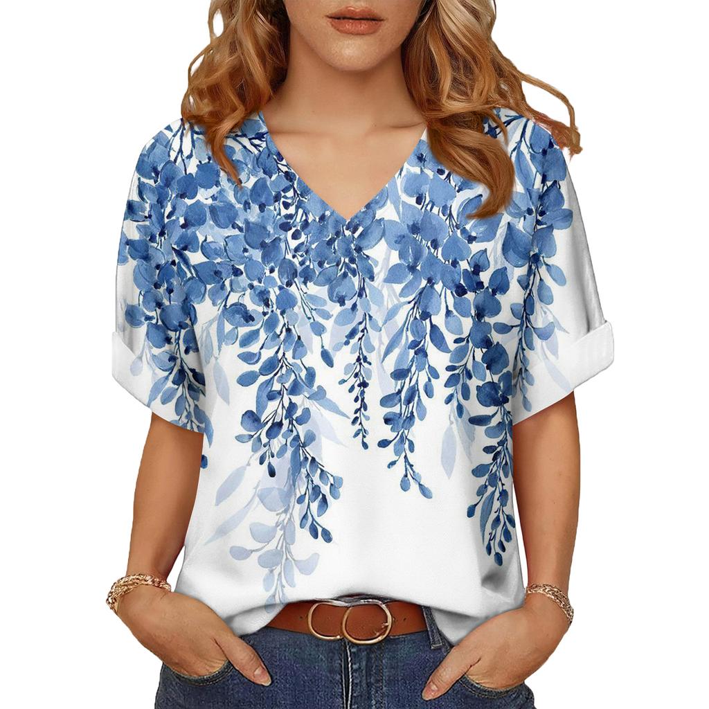Women's Fashionable Casual Everyday Versatile Floral Print Slim-Fit Summer Short-Sleeve Top