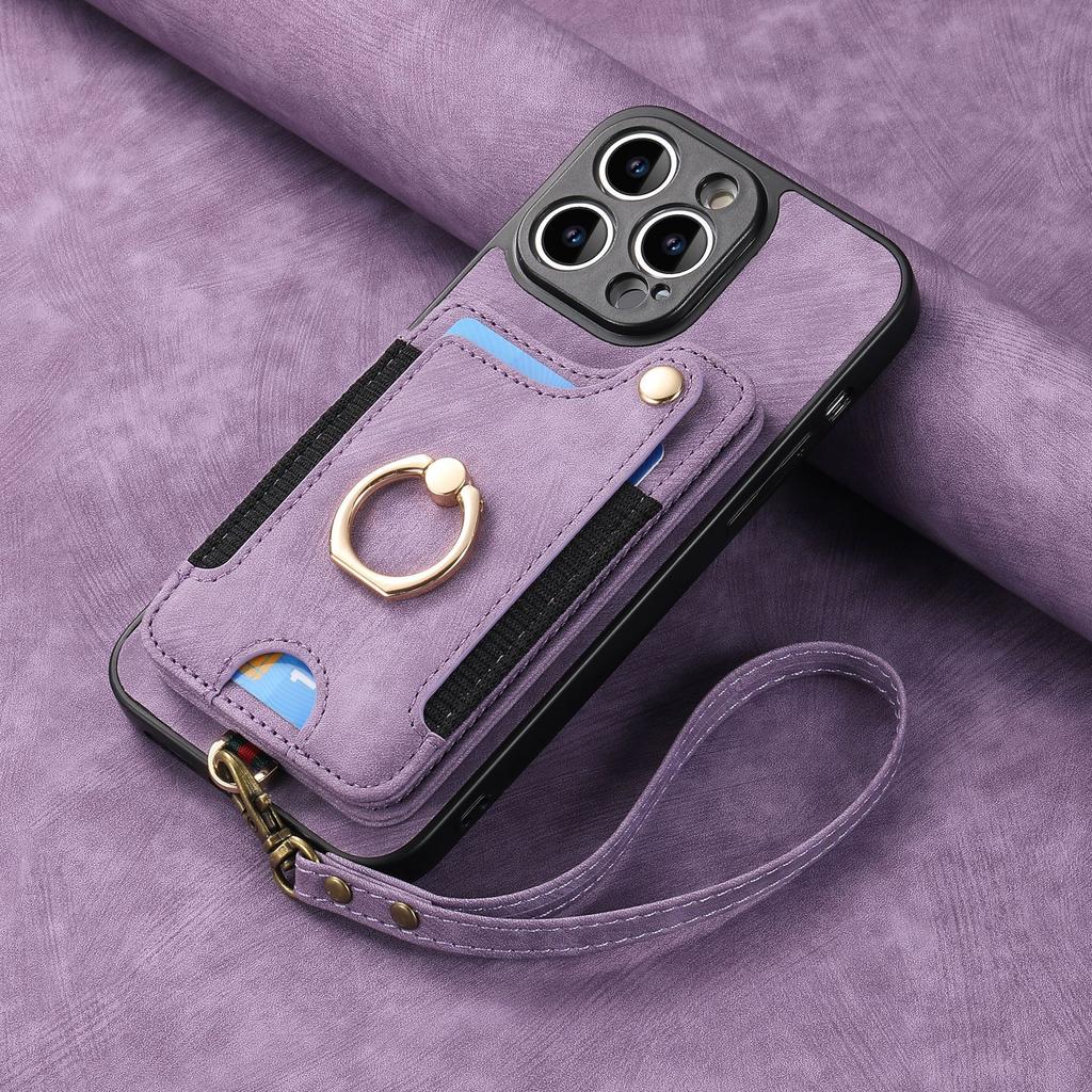 Rfid Blocking Pu Leather Phone Case With Ring Holder Strap Card Slot For Iphone