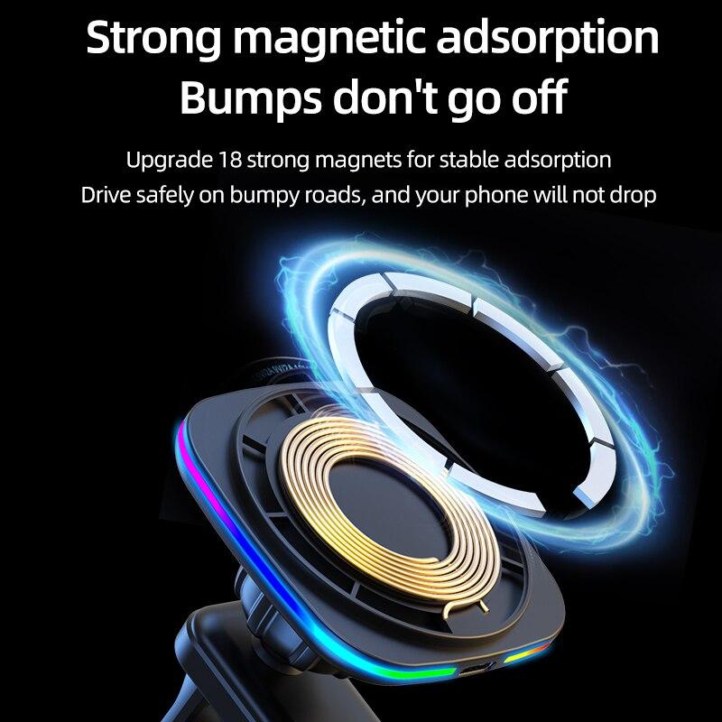 RGB Magnetický držák telefonu do auta Stojan 30W Bezdrátová nabíječka Držák do auta Pro iPhone 14 13 12 Pro Max Auto Rychlonabíjecí stanice Macsafe