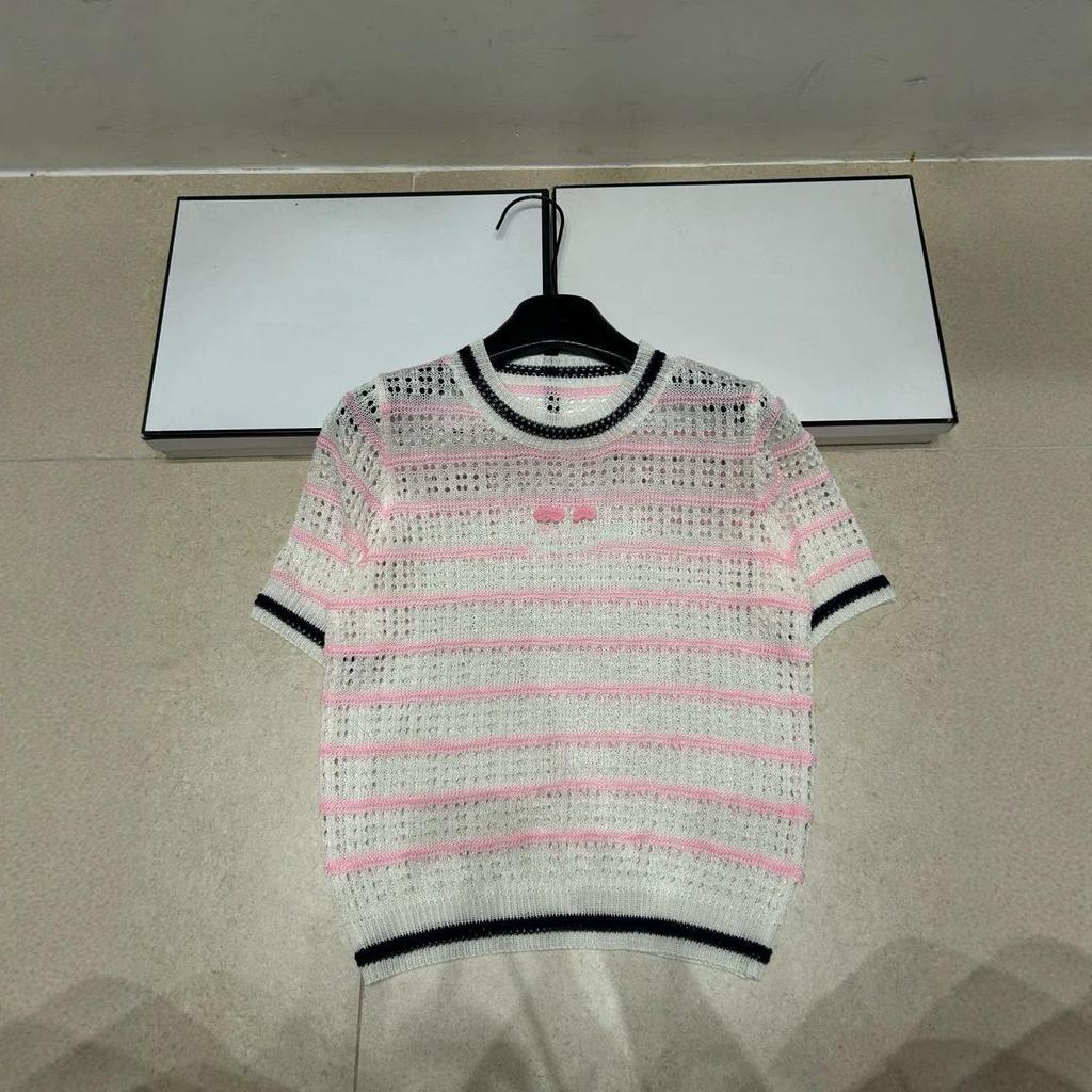 Xiangjia Pink Embroidered Hollow Knit Short Sleeve Age-Reducing Summer Top