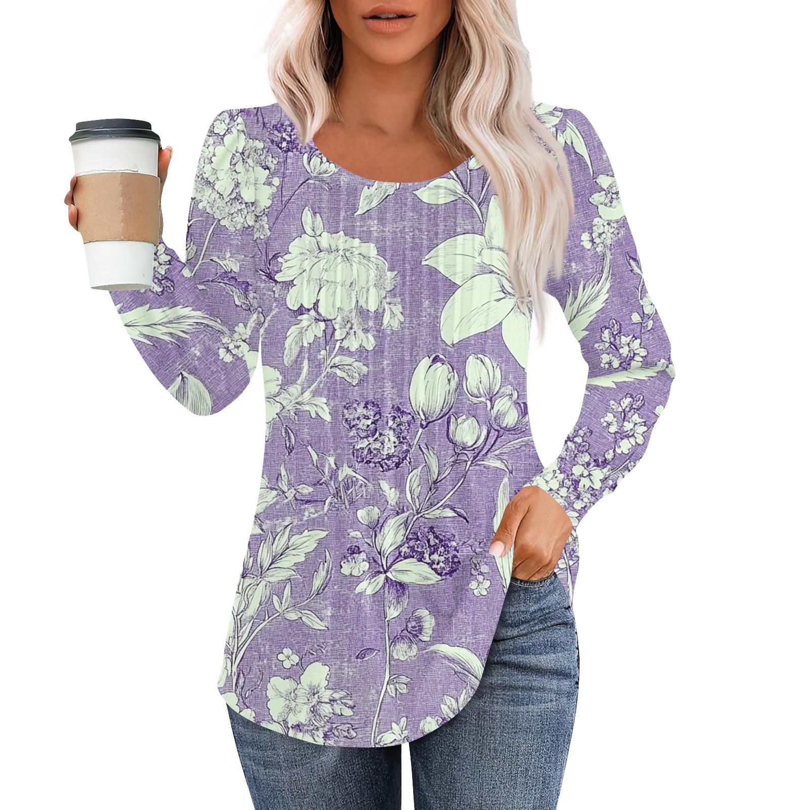 

Women s Fashion Casual Pleated Round Neck Vintage Floral Print Long Sleeve T-Shirt Top XL