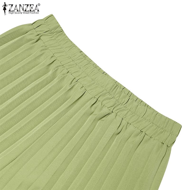 ZANZEA Womens Casual Solid Color Loose Wide Leg Pleated Pants