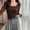 Square Neck Collarbone Exposed Hot Girl Long-sleeved T-shirt Women's Design Curved Hem Autumn and Winter French Tight Bottoming Shirt Top