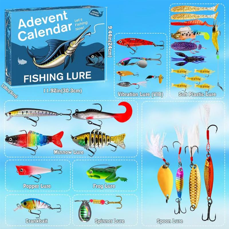 24 Days Fishing Lure Advent Calendar Christmas Countdown Blind Box Fishing Tackle Bait Set Surprise Gift for Fishermen Adult Anglers