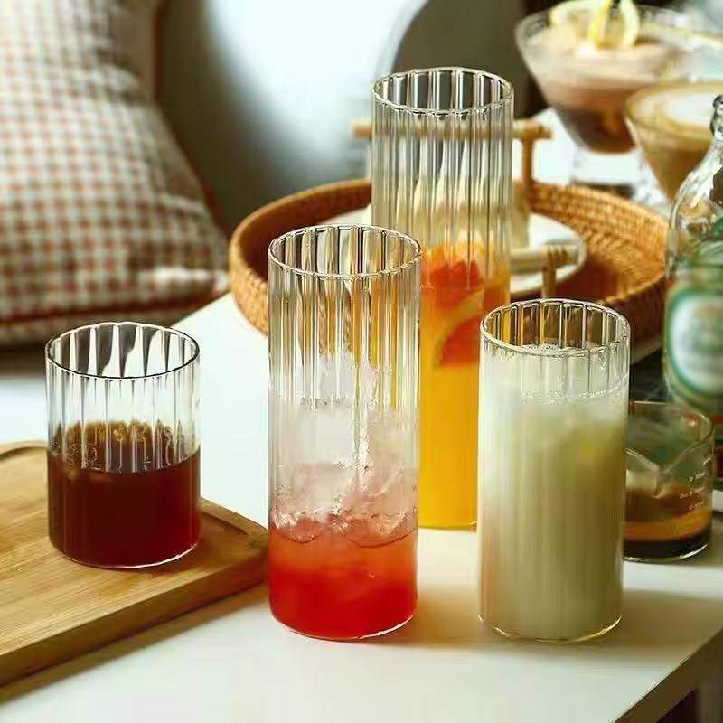 INS Ribbed Glass Cups Drinking Glasses Iced Tea Cup Water Juice Cocktail Glasses Bar Beverages Coffee Mug Kitchen Drinkware