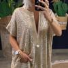 Camicia casual a maniche corte con paillettes e scollo a V