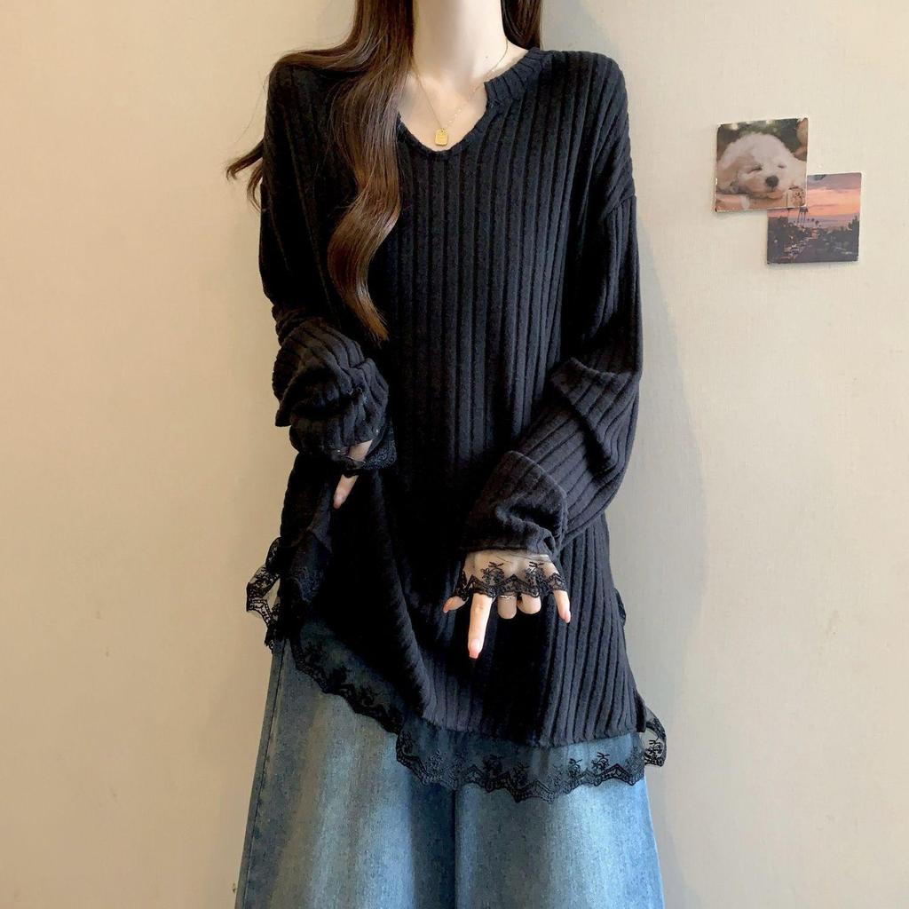 Women's Plus Size V-Neck Lace Hem Long Sleeve Loose T-Shirt – Spring Fashion