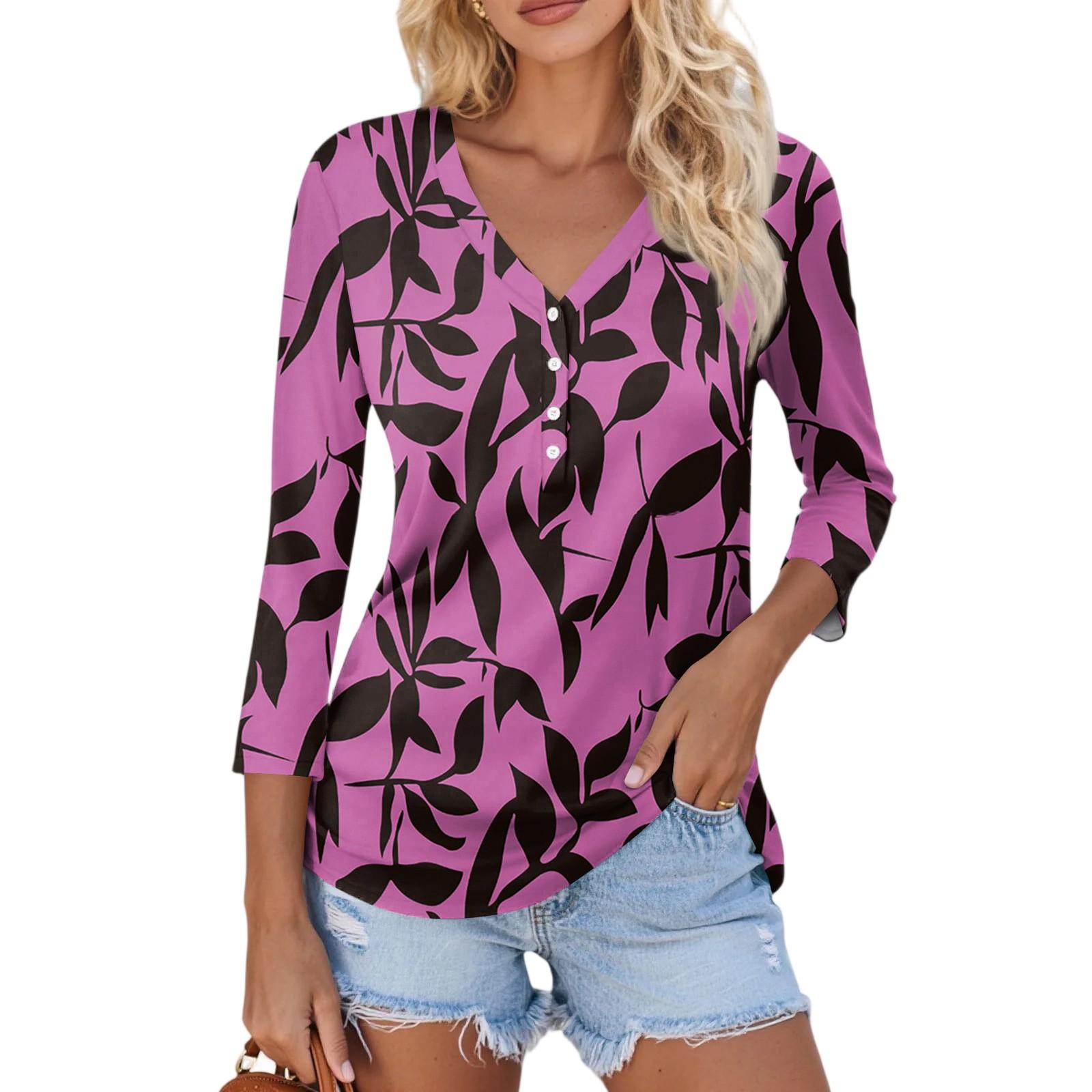 

Женский повседневный модный сексуальный удобный топ с V-образным вырезом, пуговицами и цветочным принтом, рукав три четверти XXL