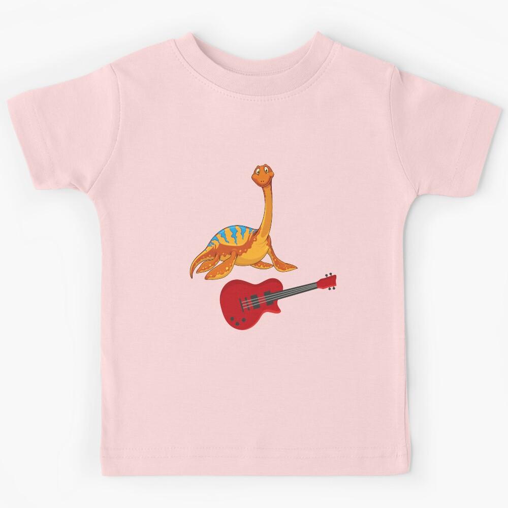 Dinosaur Playing Electric Guitar ,Funny Good Dinosaur Electric Guitar Lovers Cute Orange Design Kids T-Shirt 120