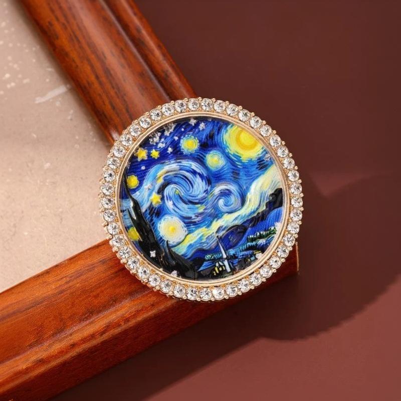 1Pcs Rhinestone Round Lapel Pin Famous Painting Brooches For Women The Starry Night And Farmer In Wheat Field Party Brooch Badge