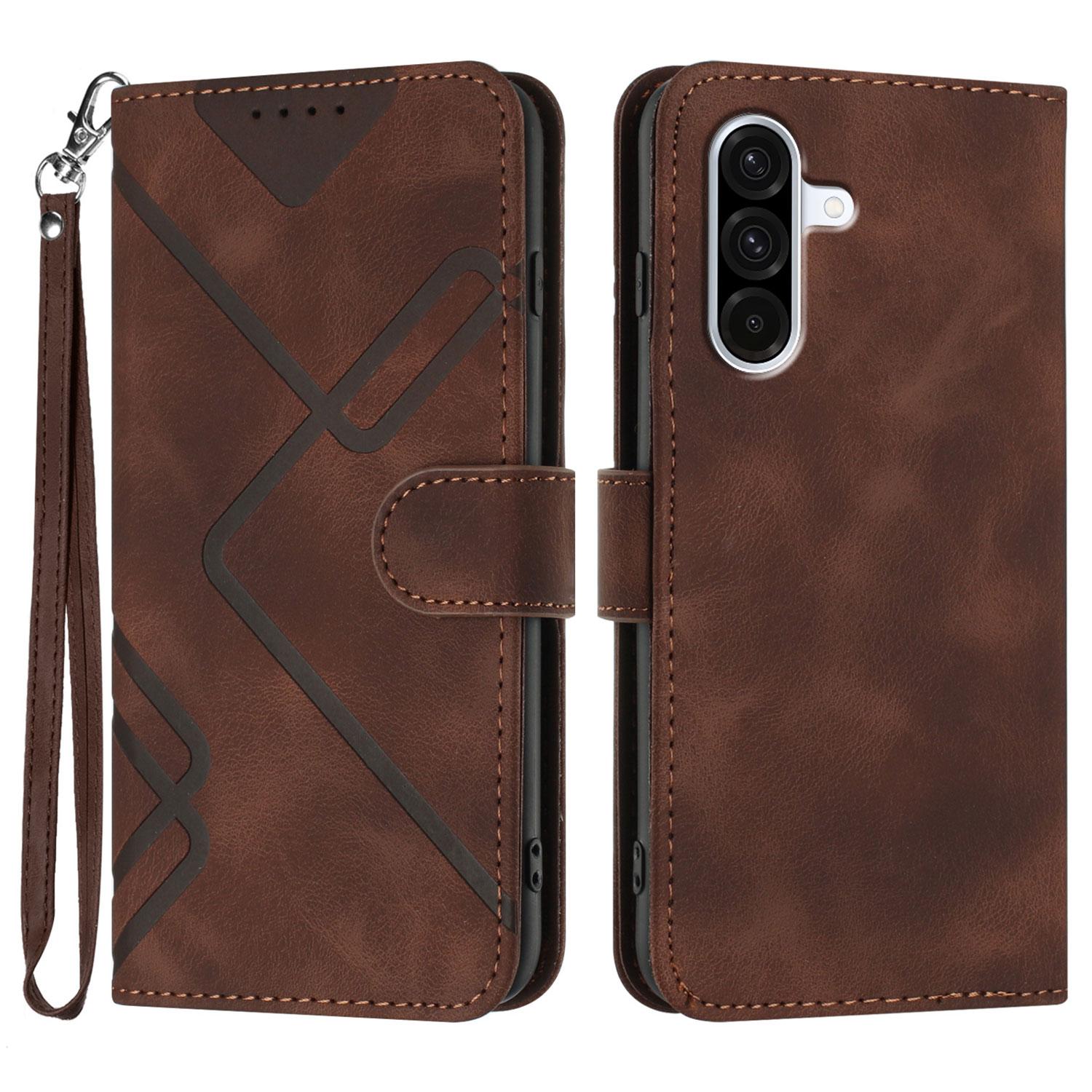 

For Samsung Galaxy A36 5G Wallet Case Line Imprinted PU Leather Phone Cover with Strap Brown