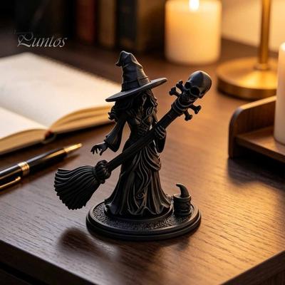 Statua Dark Fantasy da Esposizione Statuetta Strega Halloween Stampata 3D, Statuetta Nera con Manico Scopa Teschio, Ornamento Durevole Opaco Gotico Spettrale Mistico