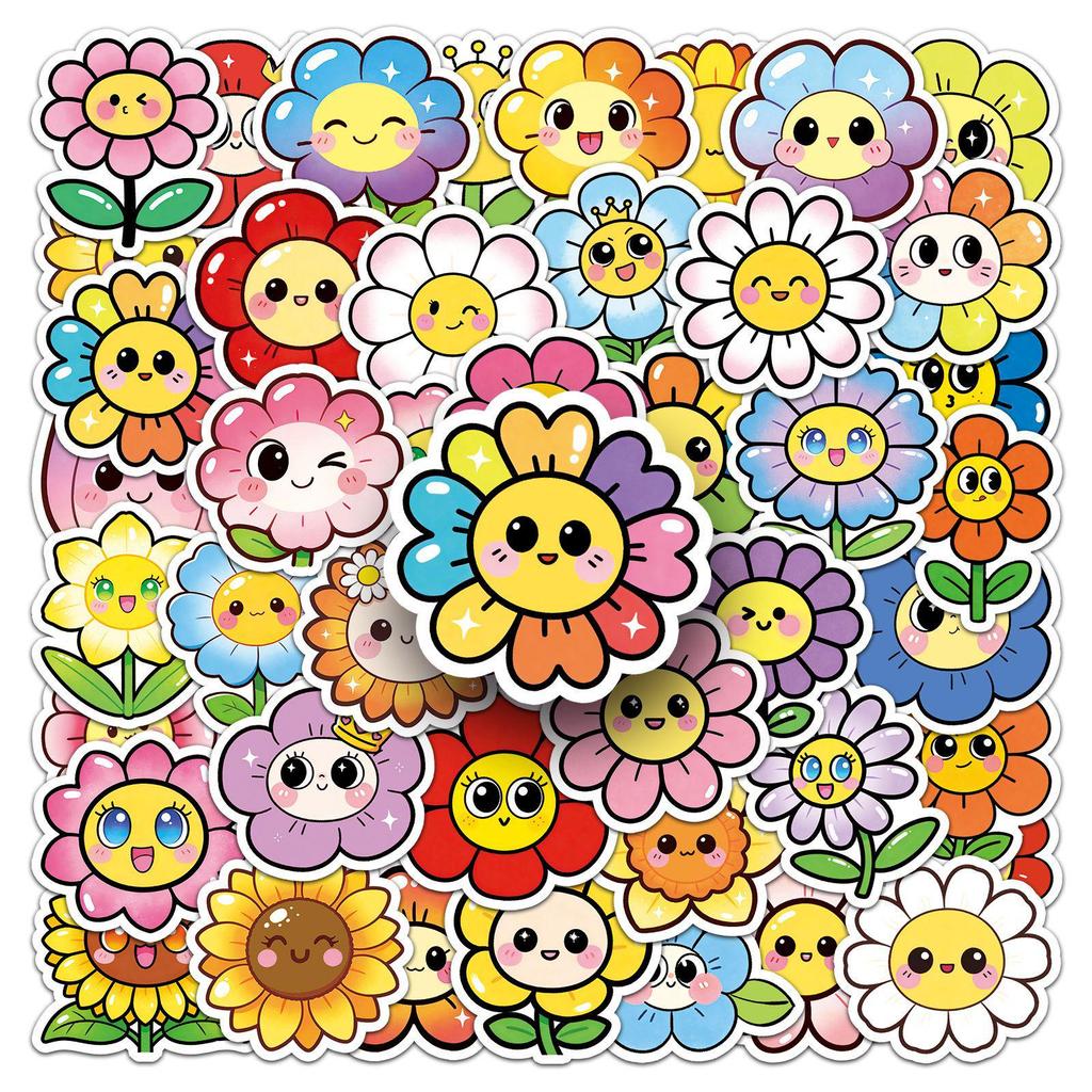 50-Pack Colorful Sunflower and Smiley Face Waterproof Stickers for DIY Decoration
