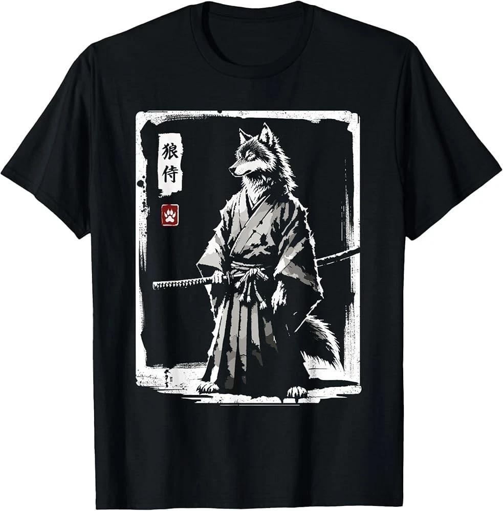 Men s and Women s T-shirts Retro Samurai Wolf Japanese Art Sumi-e Novelty Wolf T-Shirt L