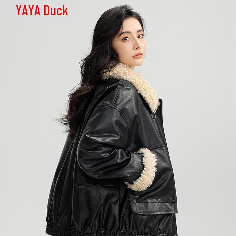 YAYA Women's Short Faux Leather Down Jacket with Fur Collar