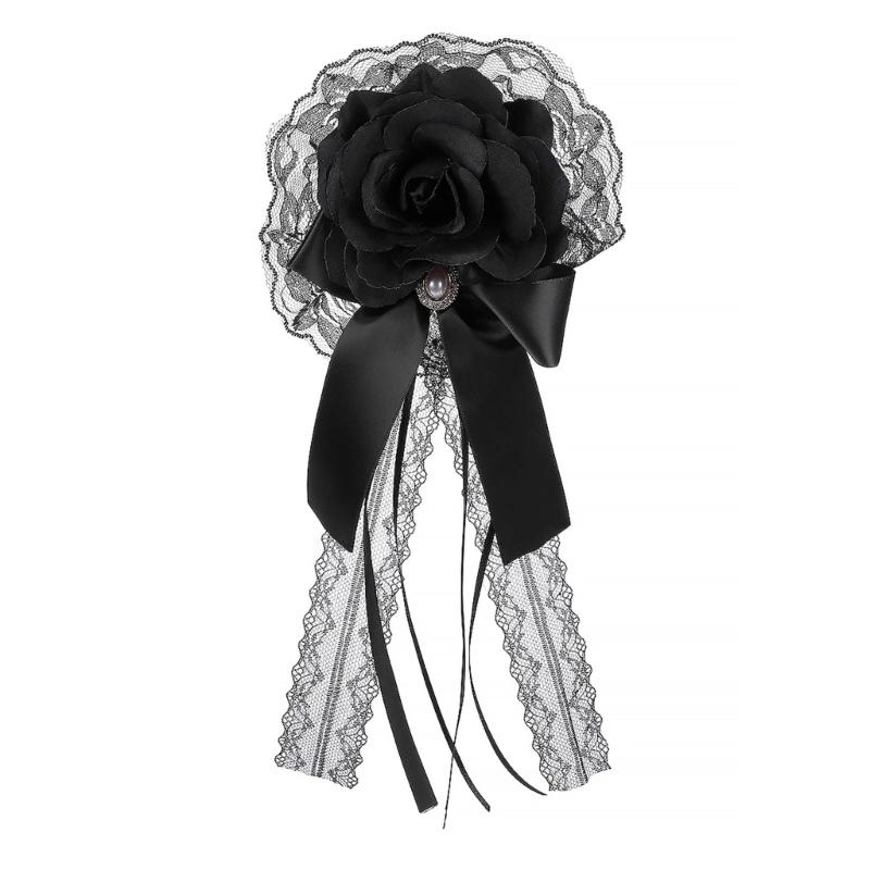 Lace Rose Flower Hair Clip Hair Styling Accessory with Long Ribbon Tails, Gothic Spring Clip for Women Costume Styling and Decoration Wear