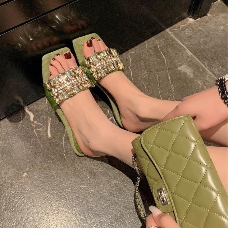 Fashion 2025 Summer Korean Version Water Diamond Low-heeled Flip-flops Genuine Leather Square-toed Women