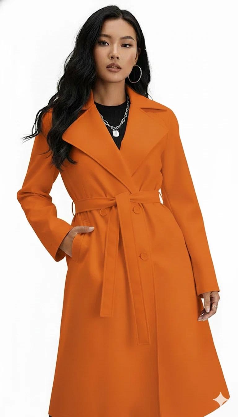 

Orange Women s Stylish Genuine Real Lambskin Leather Casual Handmade Party Trench Coat 3XL помаранчевий