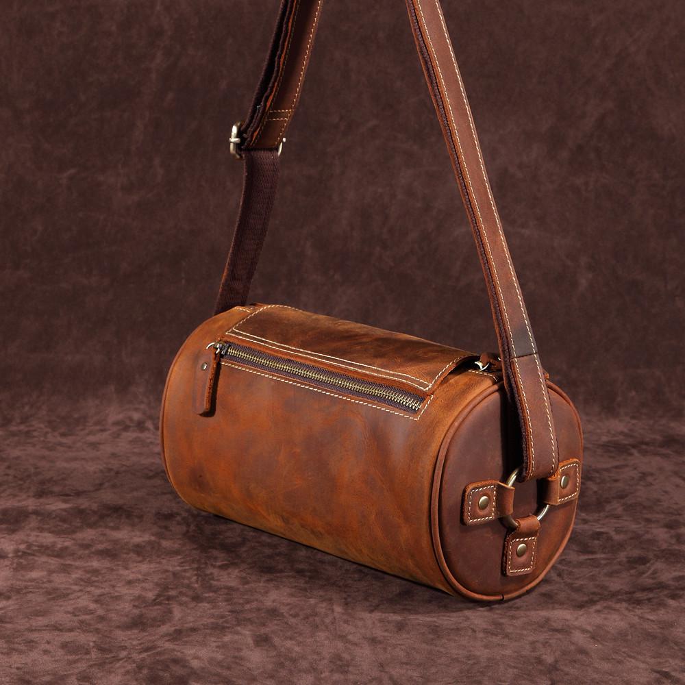 Crazy Horse Leather Men's Baotou Layered Cowhide Postman Cylinder Bag European and American Genuine Leather Retro Shoulder Bag Crossbody Pillow Bag