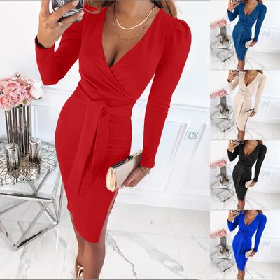 Women's V Neck Sexy Temperament Bandage Long Sleeve Knee Length Dress