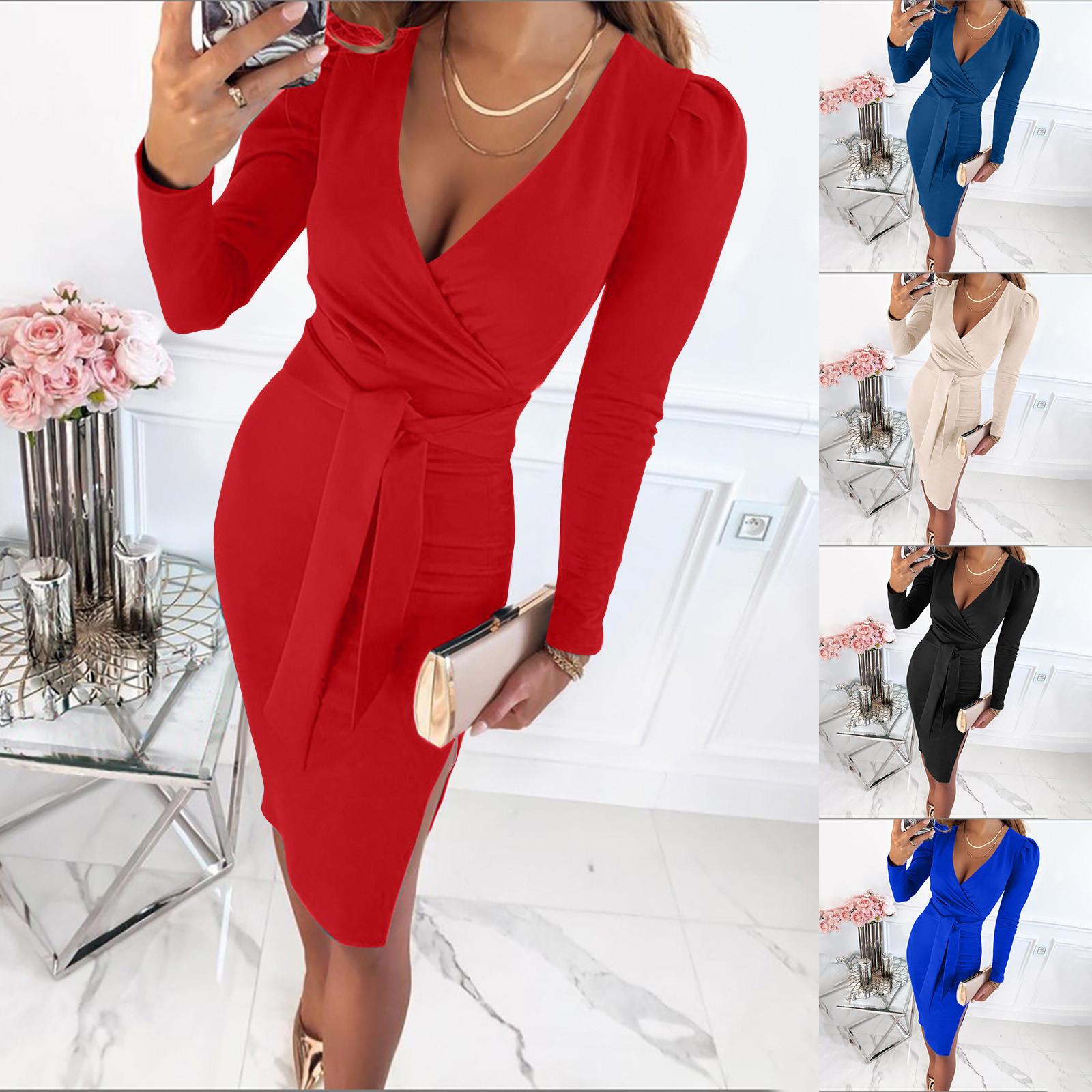 

Women s V Neck Sexy Temperament Bandage Solid Long Sleeve Knee Length Dress