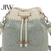 Stylish Commuter Handbag for Travel Denim Crochet Bucket Bag, Crossbody Bag with Daisy Embroidery, Boho Purse Drawstring Shoulder Women