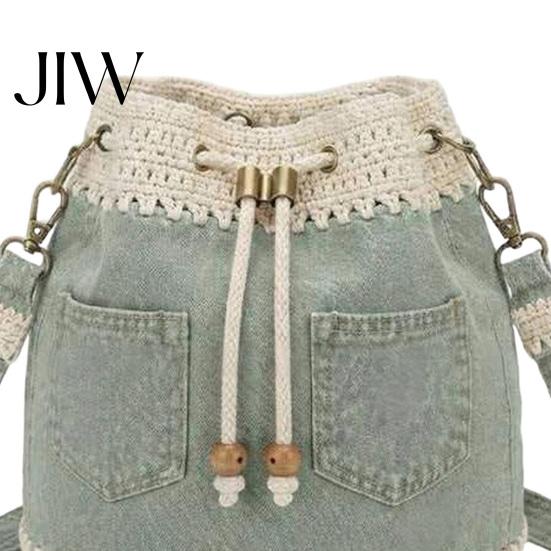 Stylish Commuter Handbag for Travel Denim Crochet Bucket Bag, Crossbody Bag with Daisy Embroidery, Boho Purse Drawstring Shoulder Women
