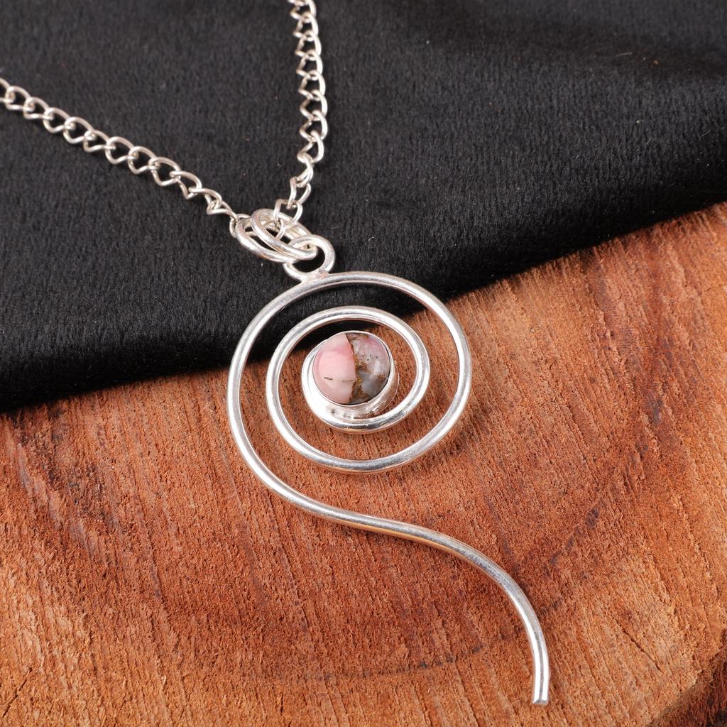 Różowy Miedziany Turkus Ręcznie Robiony Wisiorek z Kamieniem Szlachetnym, Wisiorek ze Srebra Sterlingowego 925 Wspaniała Biżuteria, Prezent Dla Niej