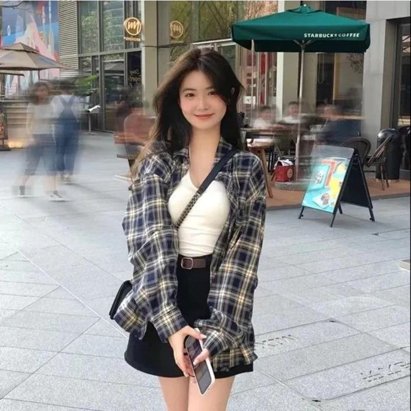 

Ретро клетчатая рубашка для женщин Осень Новый дизайн Свободная куртка-кардиган с длинным рукавом Маленькая рубашка для женщин XXL