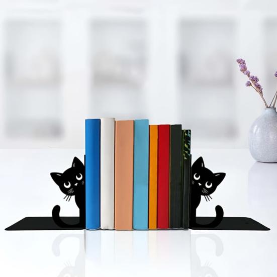 2Pcs Black Cat Bookends for Shelves Cute Metal Book Holder for Desk Heavy Duty