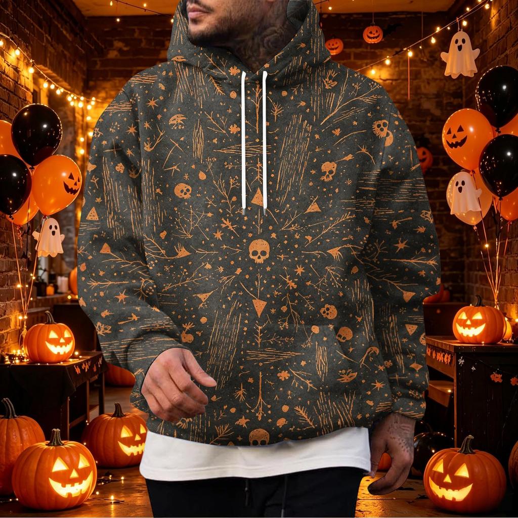 Men's Halloween Print Pullover Hoodie with Single Pocket for Holiday Celebration