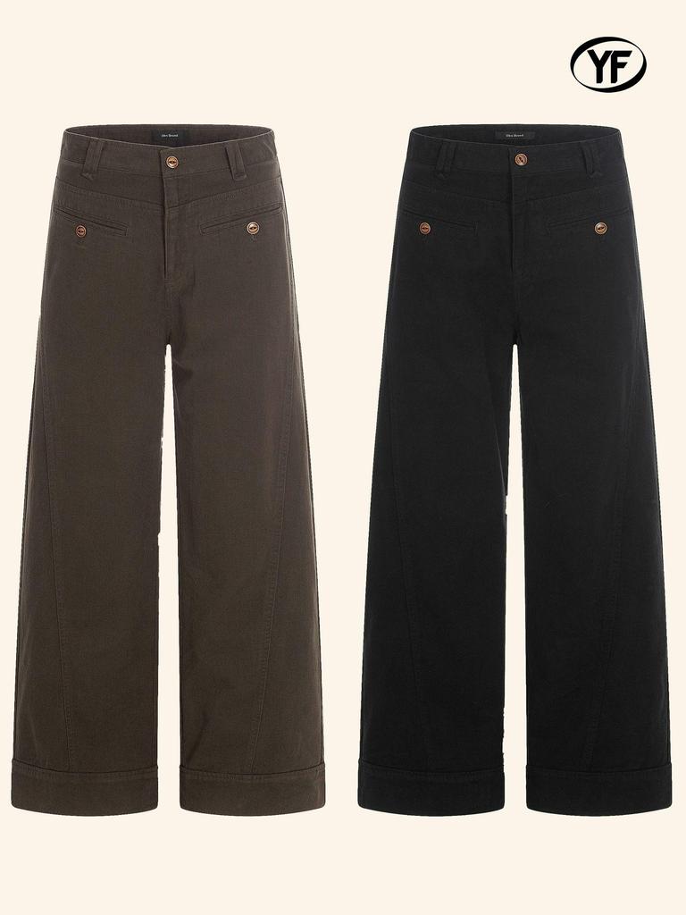 Yongfang Unisex Retro Wide-Leg Work Pants with Button Pocket Design