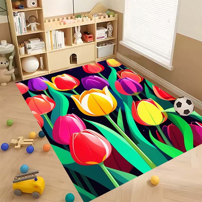 Luxurious Vintage Tulip Floral Pattern Floor Mat, Non-slip, Machine Washable, Suitable for Living Rooms, Bedrooms, and Home Déco