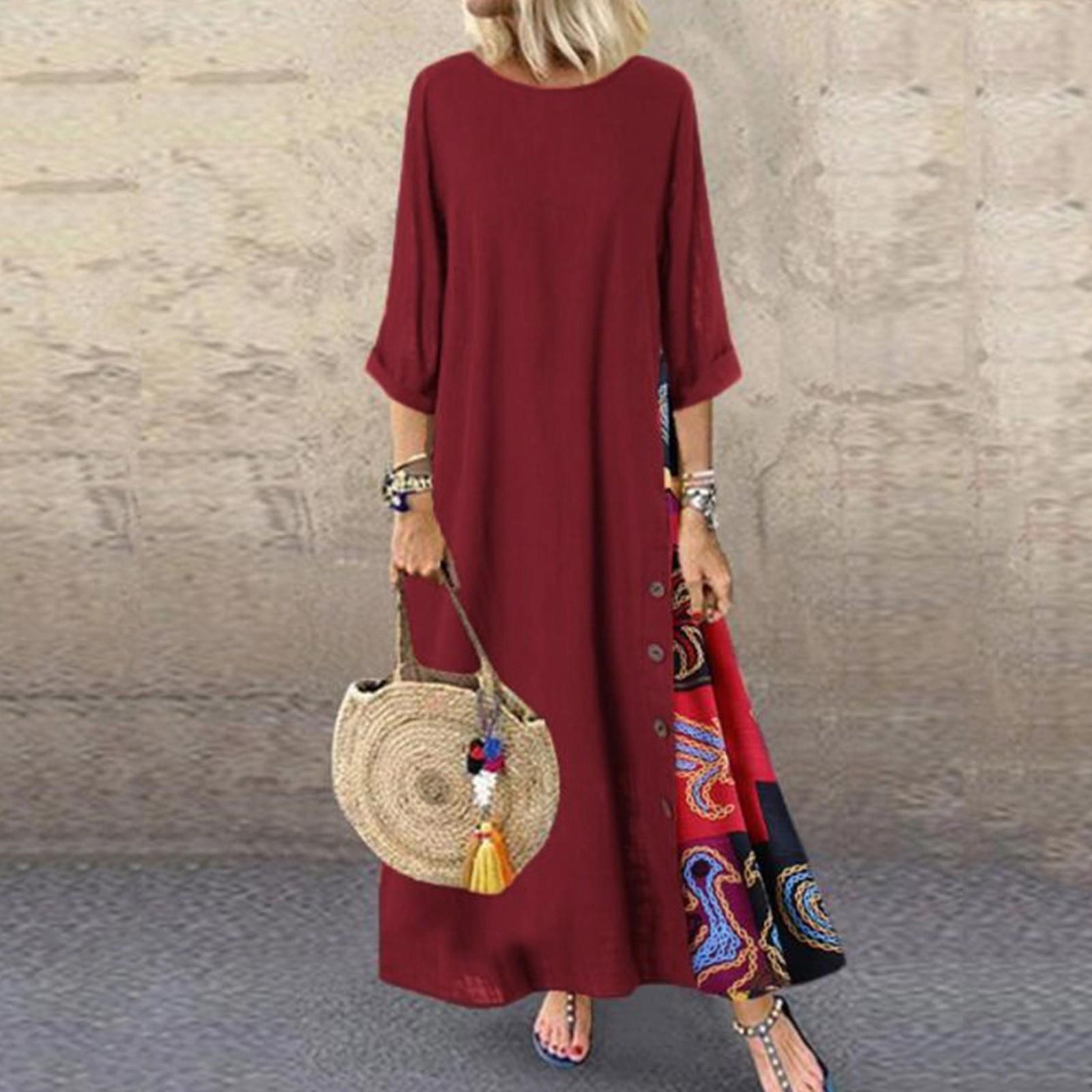 

Женское винтажное платье с круглым вырезом и цветочным принтом на пуговицах и в стиле пэчворк, с рукавами 3/4 XXXL винный