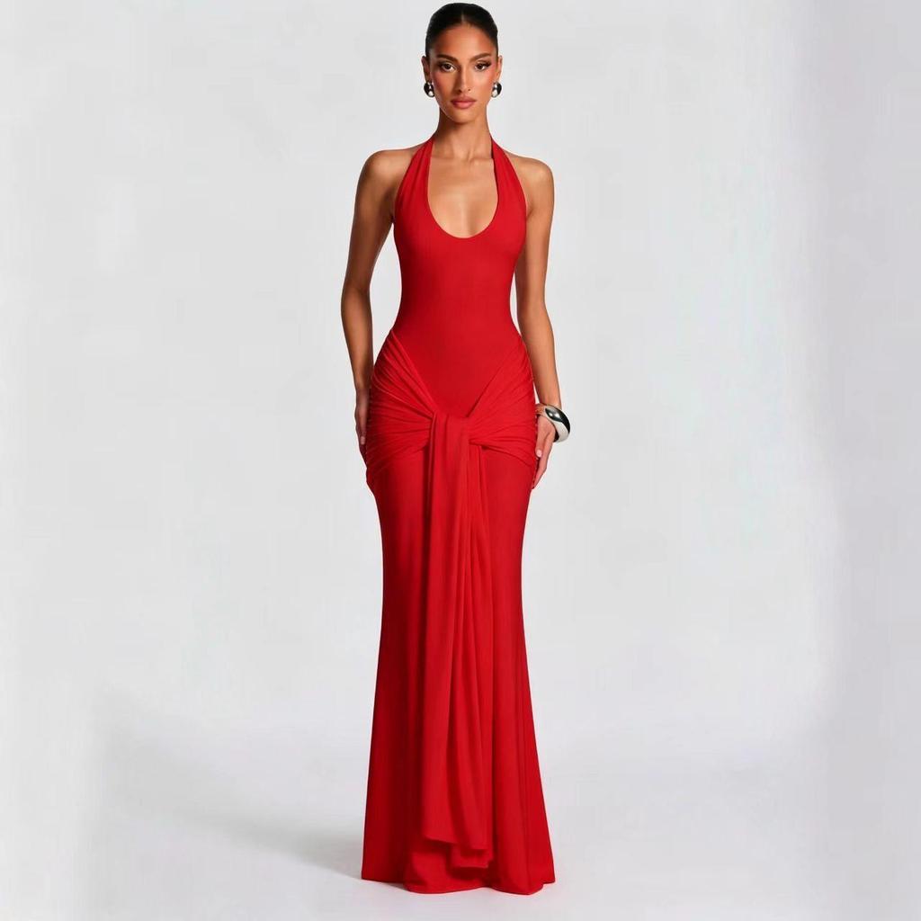 Women's 2025 European & American Style Halter Spliced Strappy Long Slim Fit Dress
