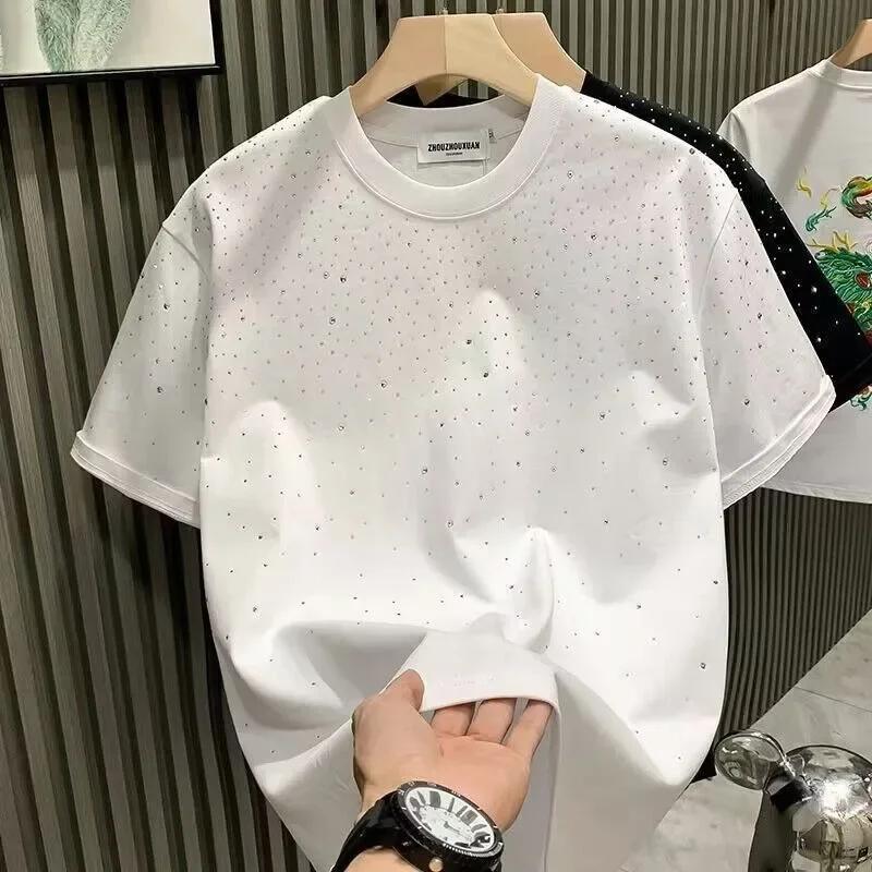 Summer Men's Rhinestone Rivet T-shirt for Men Clothing Round Neck Casual T-shirt High Street Men's Short Sleeves