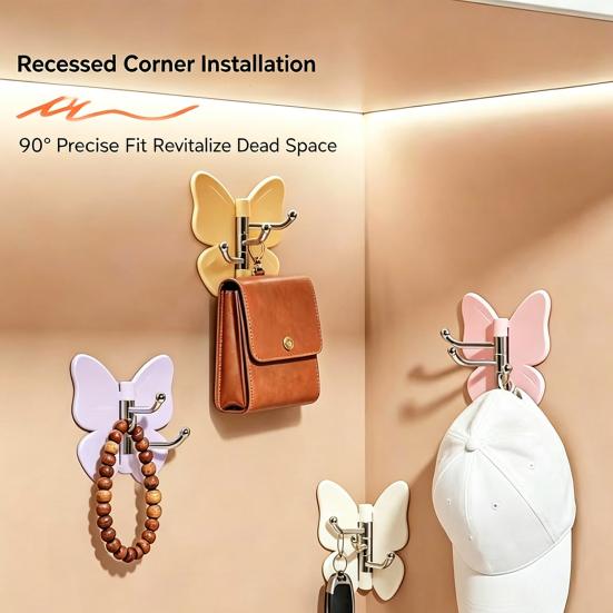 4PCS Butterfly Rotating Self Adhesive Hook, 3-Hook 270 Swivel Design, No Drill Wall Mount Storage Hooks, for Hanging Towels Keys Bags Hats