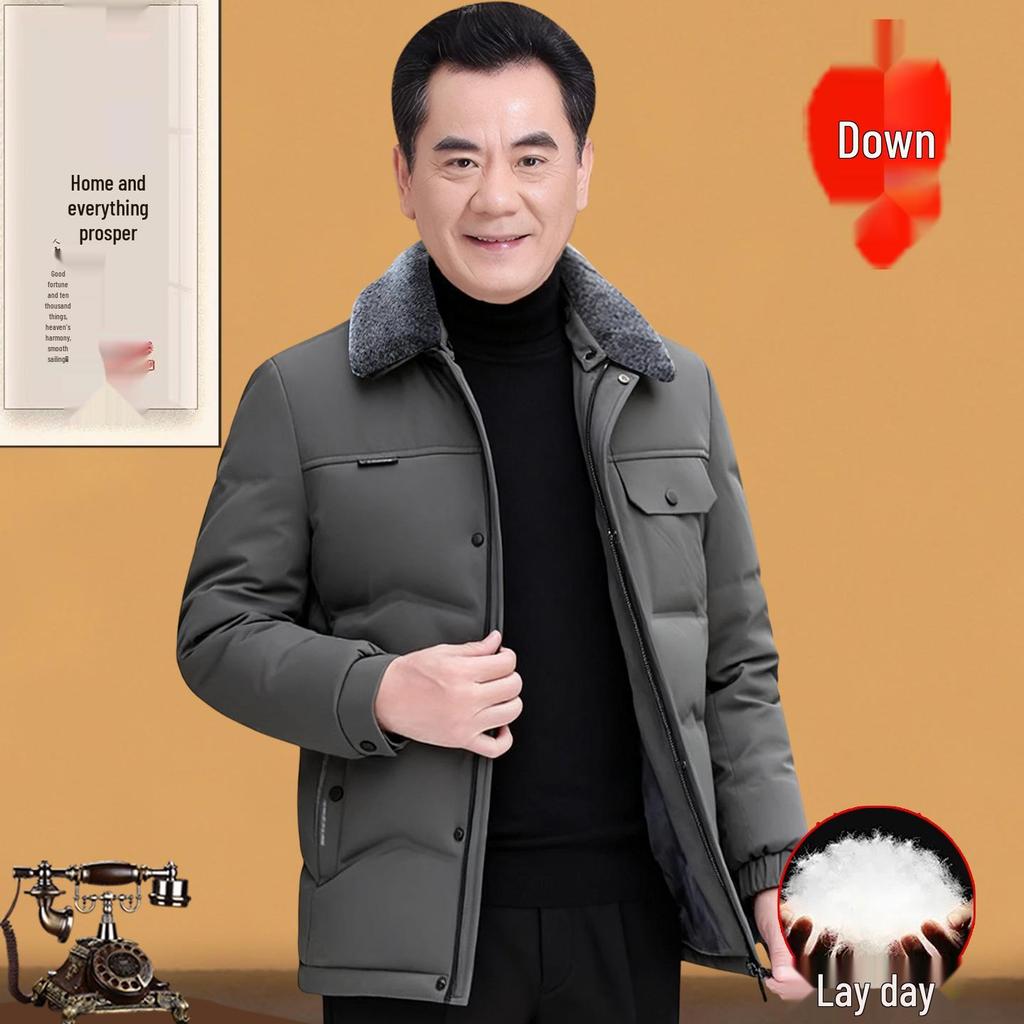 Men's Thickened Lapel Collar Down Jacket with Fleece Lining - Winter Short Style for Middle-Aged and Elderly