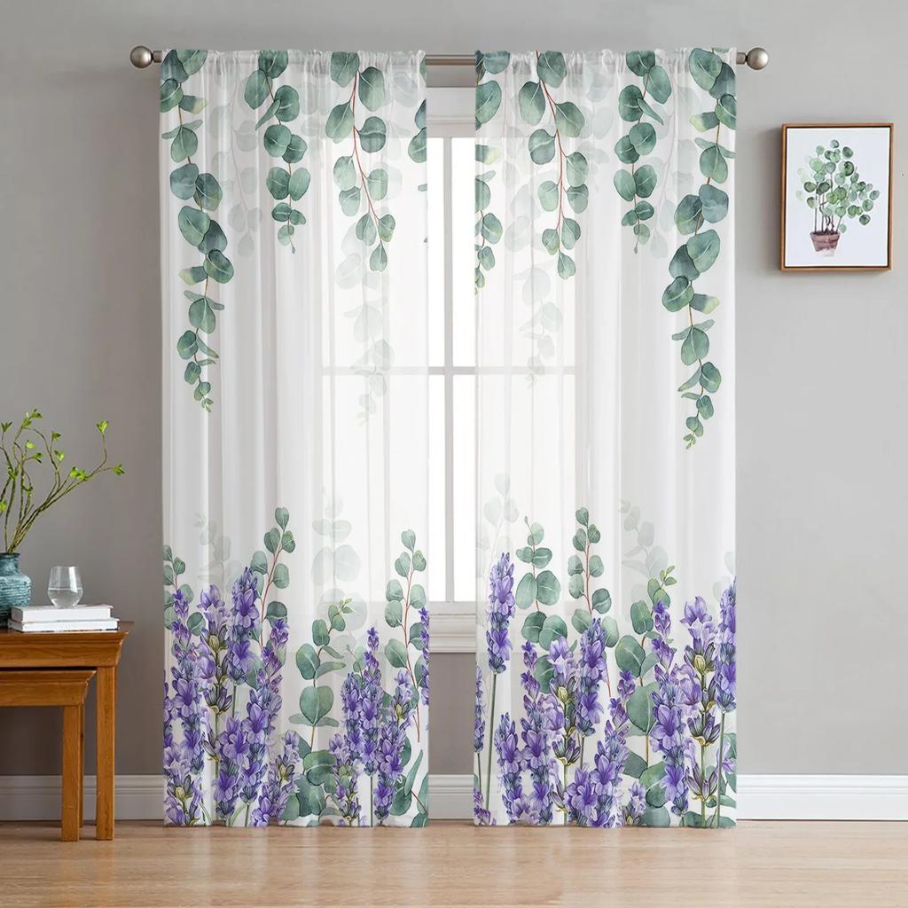 Pastoral Style Eucalyptus Leaves Sunflower Plant Sheer Curtains Home Window Decor Voile Tulle Curtains For Living Room Bedroom