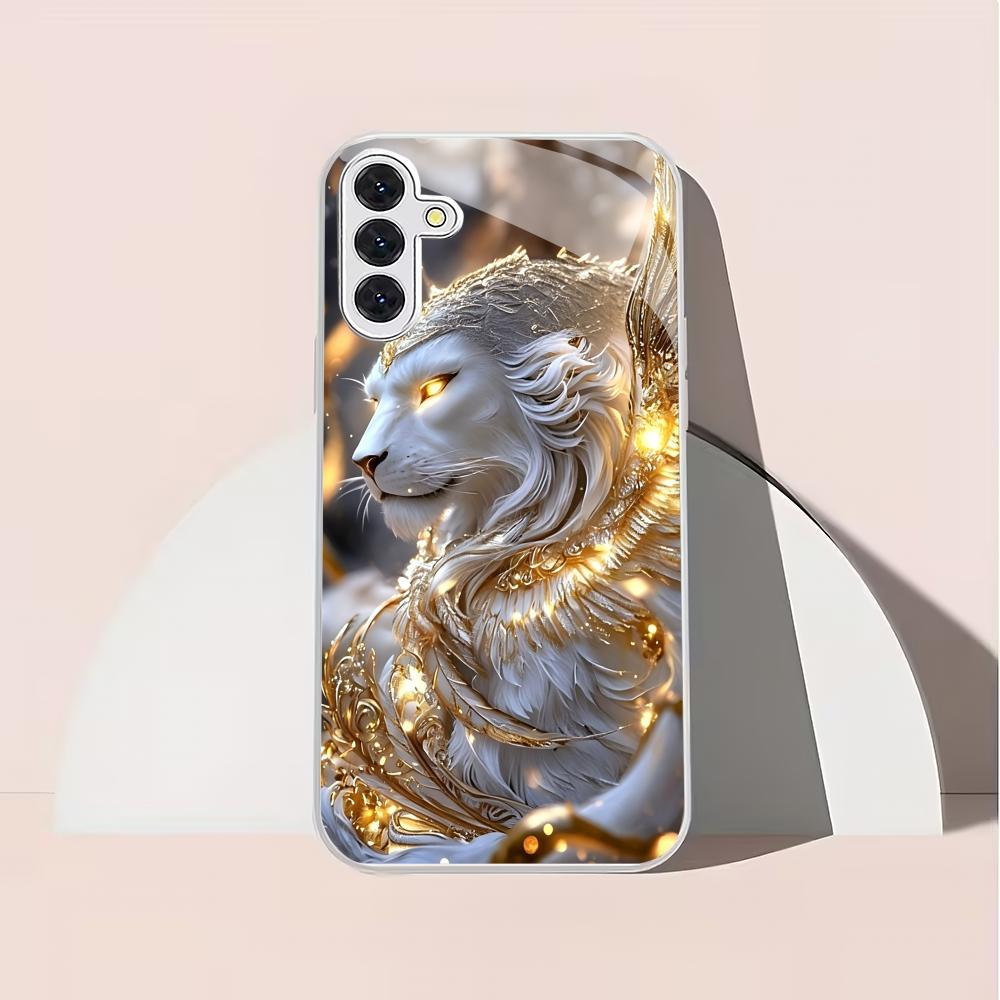 Zaawansowane Srebrne Szklane Etui na Telefon z Lwem Pasujące do Samsung Galaxy S26 S25 S24 S22 S21 S20 FE/Ultra/Plus Odporne na Upadki