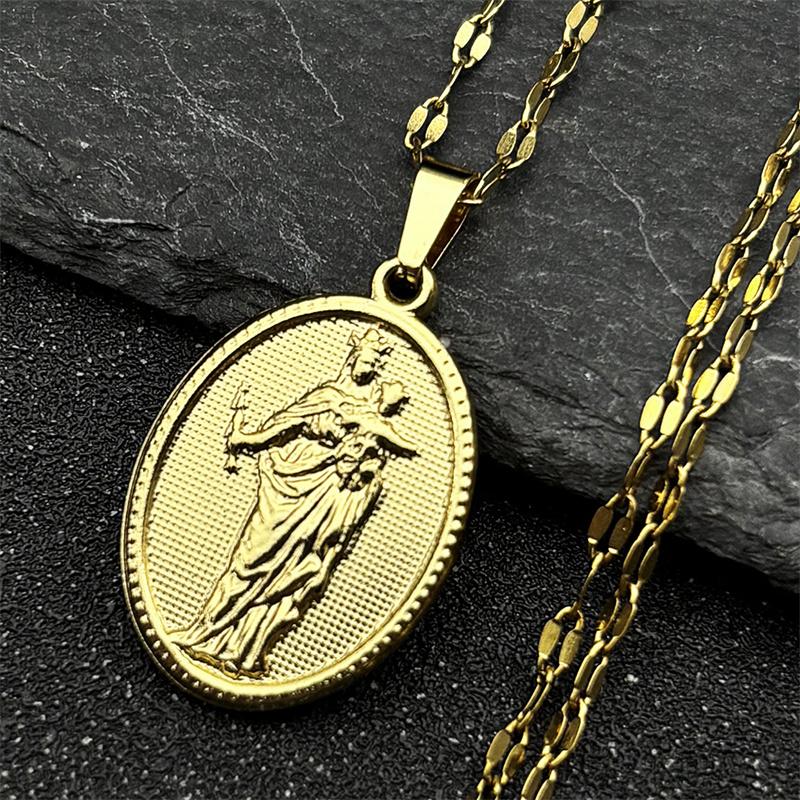 Collana Pendente Medaglia Vergine Maria con Gesù Bambino per Donne Uomini Acciaio Inossidabile Colore Oro Gioielli Cristiani Regalo