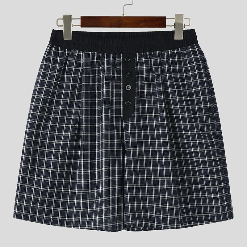 

INCERUN Men Summer Elastic Waist Stitching Plaid Print Casual Shorts Half Pants S темно-синий