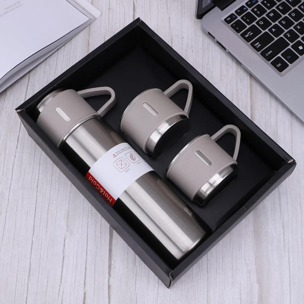 500ml 3-in-1 Lid 304 Stainless Steel Thermos Gift Set, Double Wall Vacuum Insulated Water Bottle with 2 Drinking Cups