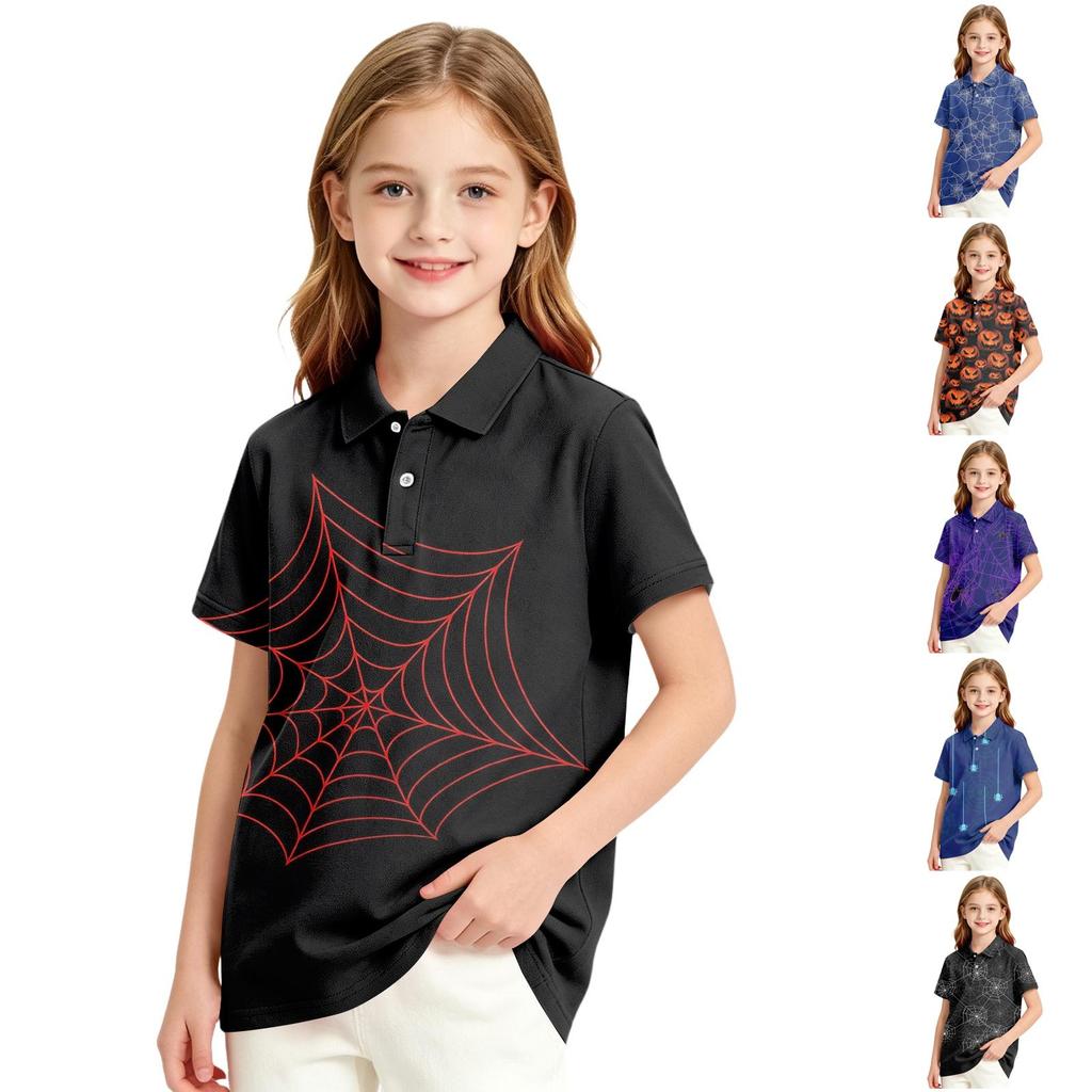 Girls' School Uniform Shirt with Halloween Print—Casual Formal T-Shirt